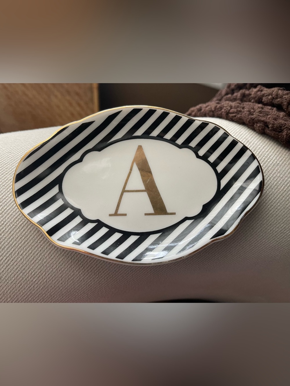 Monogram 'A' Decorative Trinket Dish - Black, White & Gold